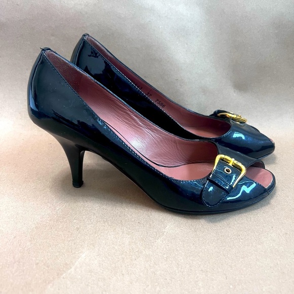 Giuseppe Zanotti Women’s Black Patent With Gold Buckle Peep Toe Heels 37 - Picture 1 of 10